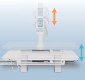 The X-ray tube automatically tracks the height of the bucky table to maintain a constant distance.
